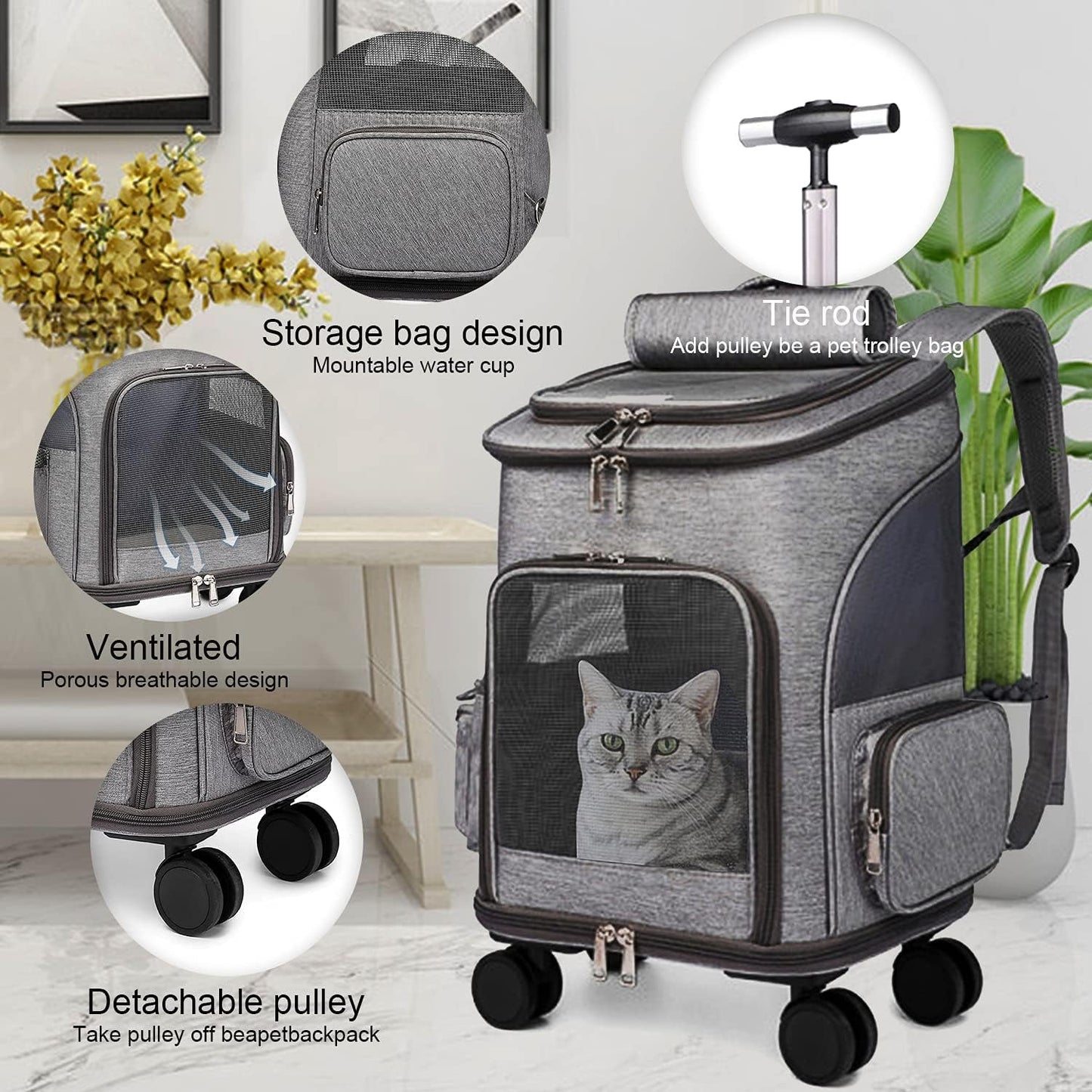 Airline Approved Pet Carrier Backpack with Wheels(Large Space),Rolling Backpack with Durable Handle and Flexible Wheels,Breathable Durable Mesh Panels(Most Airplane Approved) - Open Market .Co - 