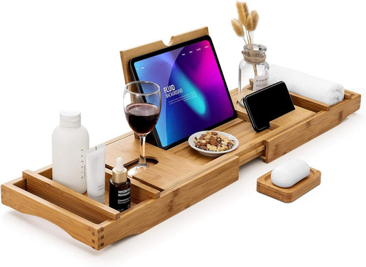 Bamboo Bathtub Caddy Tray with Extending Sides, Cellphone Ipad Tray and Wineglass Holder，Free Soap Holder - Open Market .Co - 