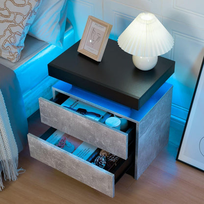 Bedside Table with 2 Drawers, LED Nightstand Wooden Cabinet Unit with LED Lights for Bedroom, End Table Side Table for Bedroom Living Room, Grey - Open Market .Co - 
