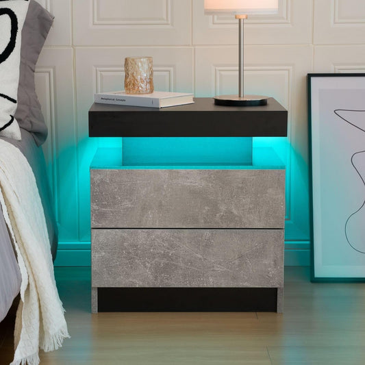Bedside Table with 2 Drawers, LED Nightstand Wooden Cabinet Unit with LED Lights for Bedroom, End Table Side Table for Bedroom Living Room, Grey - Open Market .Co - 