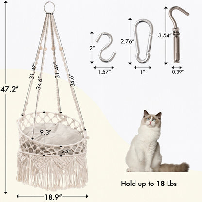 Pet Cat Hammock Swing Bed Bohemian Handwoven Tapestry Cotton Macrame for Home Outdoor Wall Hanging with Cushion - Open Market .Co - 